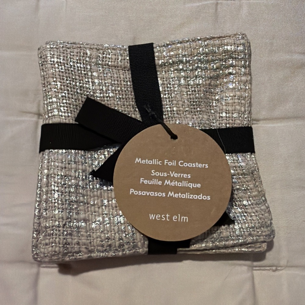 WEST ELM ~ Metallic Foil Drink Coasters SILVER SET OF 6  4" X 4" NEW WITH TAGS